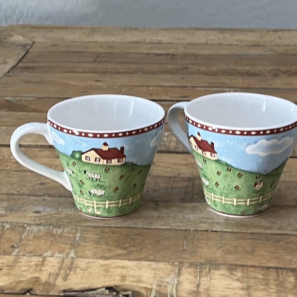 Sango Green Acres Coffee Tea Mugs Set of 2 3.25" Farmhouse Country Vintage 1995 - Picture 2 of 9